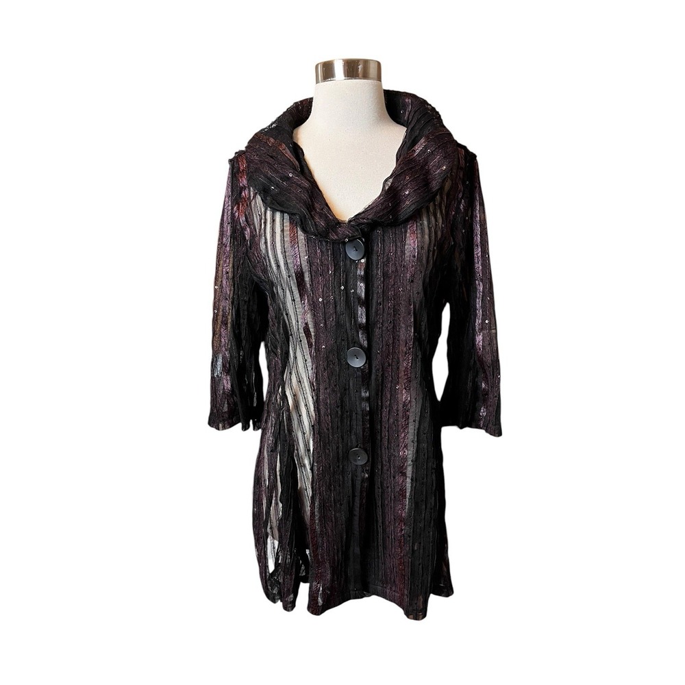 Damee Inc Top L Purple Sheer Lace Sequined Artsy Jacket Statement Collar
